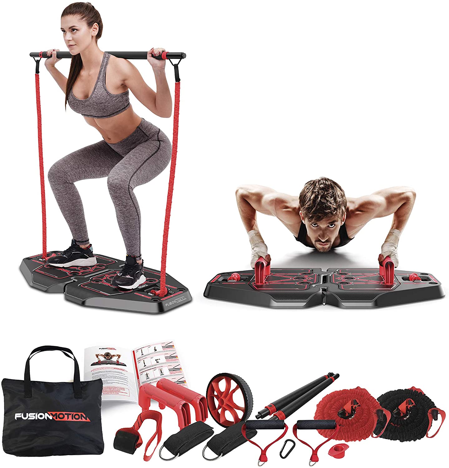 Fusion Motion Portable Gym with 8 Accessories Including Heavy Resistance Bands, Tricep Bar, Ab Roller Wheel, Pulleys and More - Full Body Workout Home Exercise Equipment to Build Muscle and Burn Fat